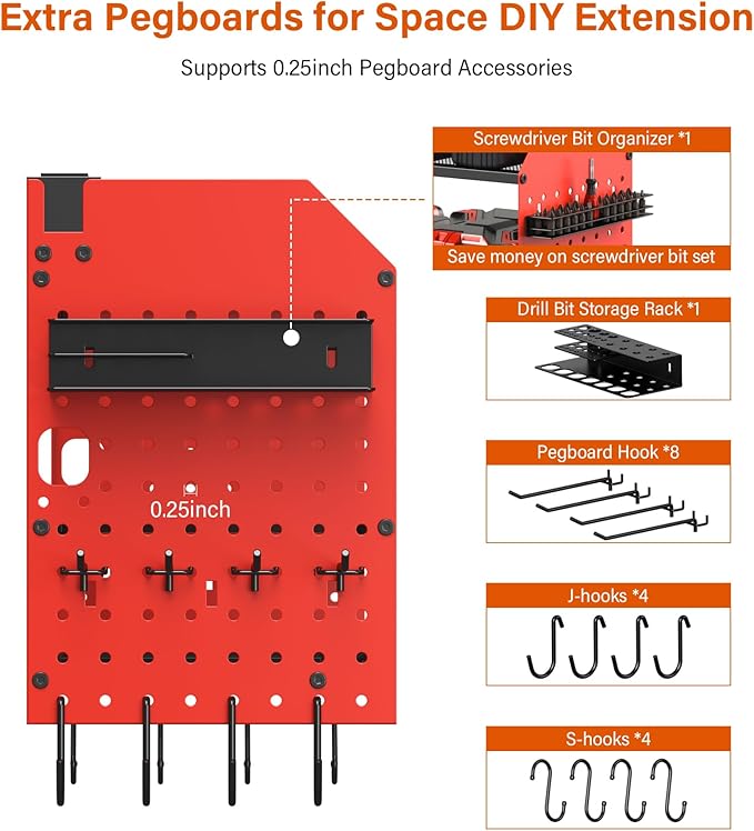 JUNNUJ Large Pegboard Power Tool Organizer with Charging Station, 8 Drills Driver and Tools Battery Holder Wall Mount with 8 Outlet Power Strip, Red 3-Layer Shop Garage Storage Utility Rack
