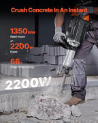 VEVOR Demolition Jack Hammer, MAX 2200W Electric Jackhammer Heavy Duty, 1350 BPM Concrete Breaker 2pcs Chisels Bit Chipping with Case, Black