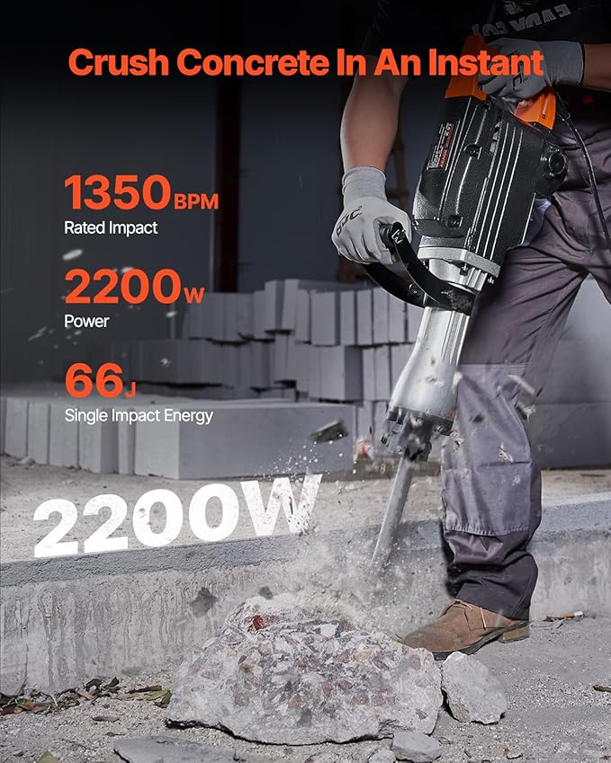 VEVOR Demolition Jack Hammer, MAX 2200W Electric Jackhammer Heavy Duty, 1350 BPM Concrete Breaker 2pcs Chisels Bit Chipping with Case, Black