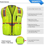 SKSAFETY 10 Pockets Professional level Safety Vest, Class 2 High Visibility Security Vest with Zipper, Hi Vis Vest with Reflective Strips, ANSI/ISEA Standard, Construction Work Vest（Lime, XL）