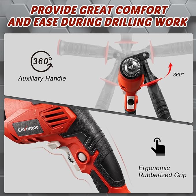 Enventor 7.5 Amp Hammer Drill, 1/2 Inch Electric Hammer Drill, 900W 0-3000RPM Variable Speed, 360° Auxiliary Handle, Lightweight Corded Hammer & Drill 2 in 1 Functions with 9pcs Bit for Metal, Wood