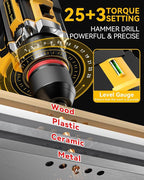 Cordless Drill, 21V 2x 2.0Ah Batteries Electric Drill, Electric Screwdriver Set, 398 In-lbs Power Hammer Drills Driver, 25+3 Torque, 2 Speed LED Light 27 Accessories Combi Drills Kit Tools