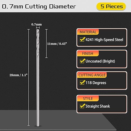 Drill Bit, 0.7mm Cutting Diameter, 4241 HSS 118° Cutting Angle Uncoated Bright Versatile Jobber Bits - (Applications: for Drilling Plastic Wood Soft Metal), 5-Pieces