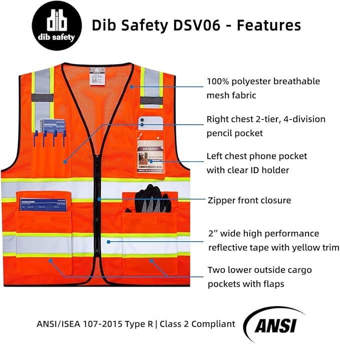 Dib Safety Reflective Mesh Vest High Visibility Two Tone with Pockets and Zipper, ANSI Class 2 Compliant, Orange Mesh with Yellow Trim 3X