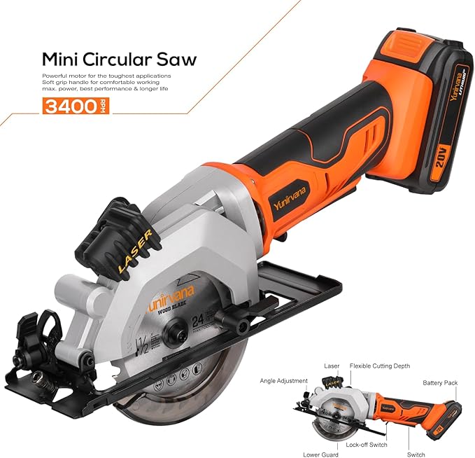 Mini Circular Saw - DC20V 4-1/2" Cordless, 4.0Ah Battery, Laser & Rip Guide, 2 Blades (24T & 60T), 3400 RPM, Max Cut Depth 1-11/16" (90°) & 1-1/8" (45°)