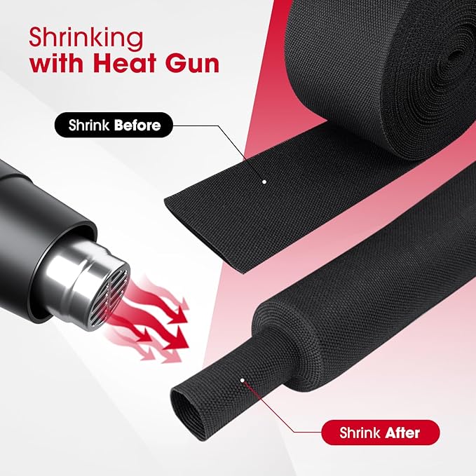 2 in 1 Ratio Heat Shrink Fabric Braided Sleeving, 1" - 24 feet Soft, Flexible and Sealing Black Shrinkable Braiding Sleeve