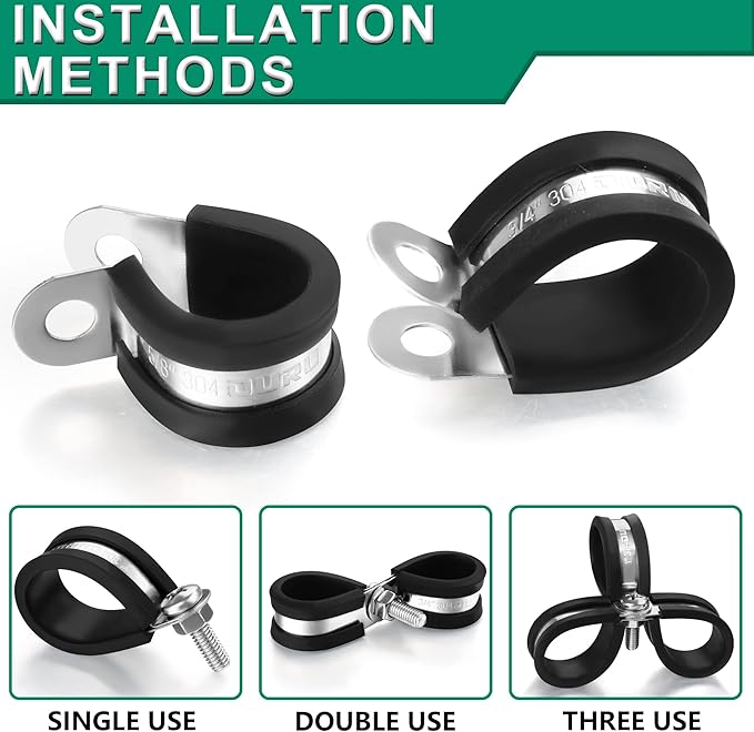 100PCS Cable Clamps 3/8 Inch 304 Stainless Steel Cable Clamps Rubber Coated Cushioned Insulated Cable Clamp,Automotive Wire Clamps,Pipe Clamps,Metal Clamp for Tube,Wire Cord Installation(10mm)