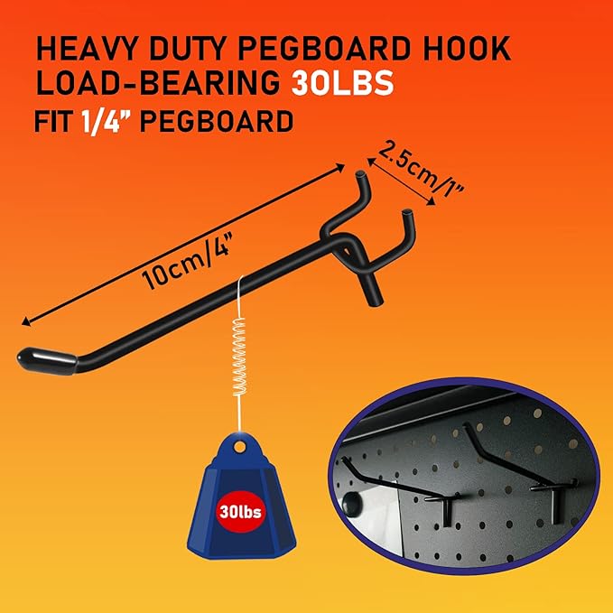 Dualshine 60PCS Black Pegboard Hooks 4 Inch, Peg Board Shelving Hook Metal Pegboard Display Hook Peg Wall Hook for 1/4’’ Spaced Pegboard, 0.2” Diameter Peg Board Peg for Garage Storage Organizer