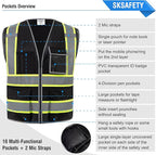 SKSAFETY 10 Pockets Safety Vest, Class 2 High Visibility Security with Zipper, Hi Vis Vest with Reflective Strips, ANSI/ISEA Standard, Construction Work Vest for Men ＆ Women （Black, L）