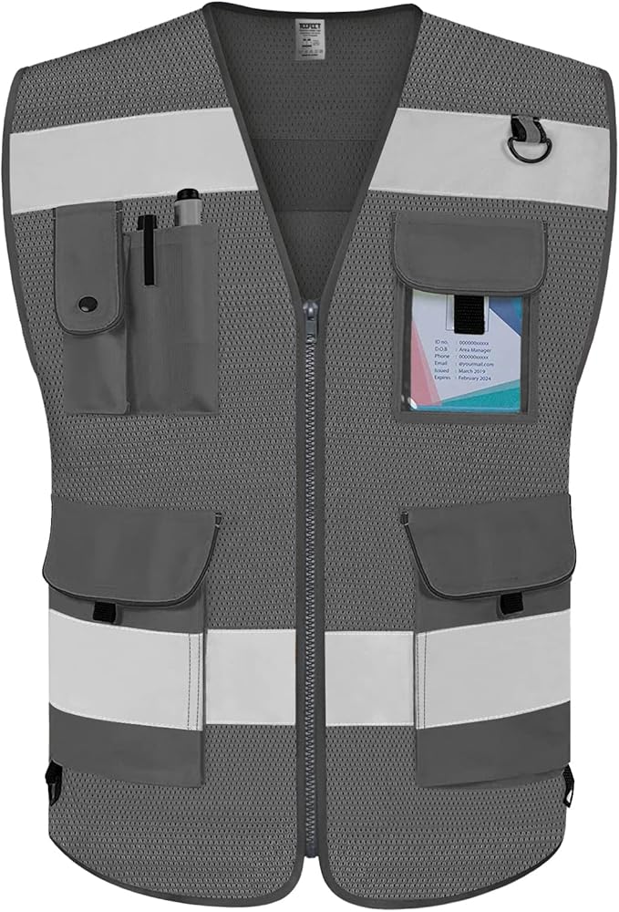TCCFCCT Mesh Work Vest for Men Women 9 Pockets High Visibility Safety Vest with Reinforced Sewing, Hi Vis Reflective Vest for Workers, Surveyors, Meets ANSI/ISEA, (Grey, 4X-Large)