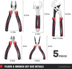 5-Piece Pliers & Wrench Set - Ideal Gift for Mechanics - Construction - Plumbing - Electrical Work - Includes 6" Long Nose & Diagonal Pliers - 8" Adjustable & Combo Wrench - 10" Groove Joint Plier