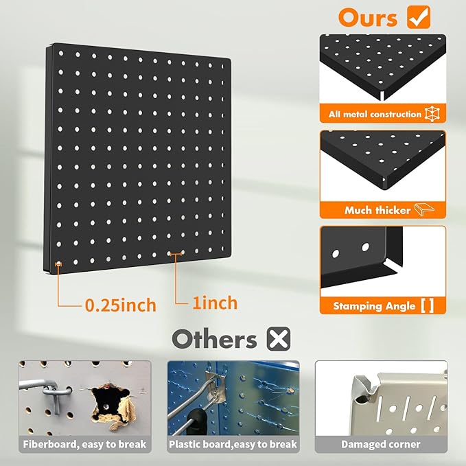 Peg Board, 6PCS Metal Pegboard, Heavy Duty Pegboard Wall Organizer with Frame. Black Pegboard for Walls, Garage, Workbench, Craft Room Tool Organization, Metal Pegboard Panels 12in*12in