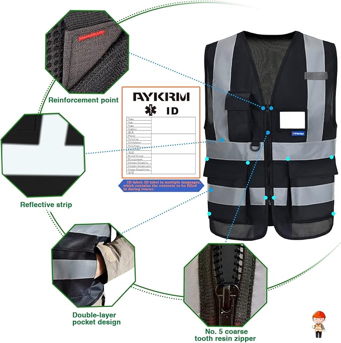 A-SAFETY 6XL 7XL 8XL black safety vest big and tall