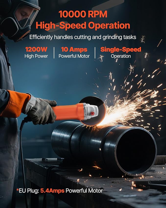 VEVOR Angle Grinder, 5" Electric Grinder Power Tool, 10Amps 10000RPM High-Speed Corded Angle Grinders with 230° Adjustable Dust Guard for Metal Grinding, Cutting, Rust Removal (Disc Not Included)