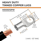 SELTERM 10pcs 2 AWG-1/2 Stud Tinned Copper Wire Lugs, Heavy Duty Battery Cable Ends,2 Gauge Ring Terminals, UL Battery Lugs Marine Grade Copper Eyelets Electrical Battery Terminal Connectors