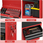 S AFSTAR 6-Drawer Rolling Tool Chest, High Capacity Tool Storage Cabinet with 4 Hooks, Locking System and Universal Wheels, 2-in-1 Detachable Large Toolbox for Garage Workshop (Black & Red)