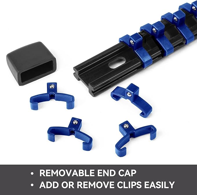ALOANES 9 PC ABS Socket Organizer, 1/2, 3/8 & 1/4 inch Drive Rail Holders, Heavy Duty Socket Racks, Black Rails with Red, Blue & Black Clips