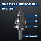 M2 Step Drill Bit, 3/16 to 1-3/8 in, Double Fluted, Cutting Drill Bit for Stainless Steel, Metal, Aluminum, Copper, Wood, PVC