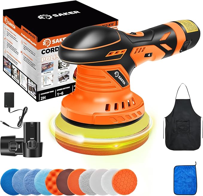 Saker Cordless Buffer Polisher, 6 Inch Fast Charging Portable Car Polishing Kit with 2PCS 12V 2000mAh Batteries, Polisher for Car Detailing Polishing Waxing