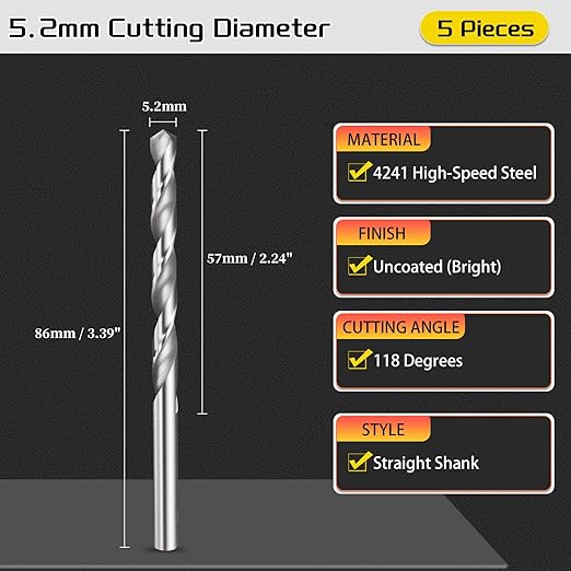 Drill Bit, 5.2mm Cutting Diameter, 4241 HSS 118° Cutting Angle Uncoated Bright Versatile Jobber Bits - (Applications: for Drilling Plastic Wood Soft Metal), 5-Pieces