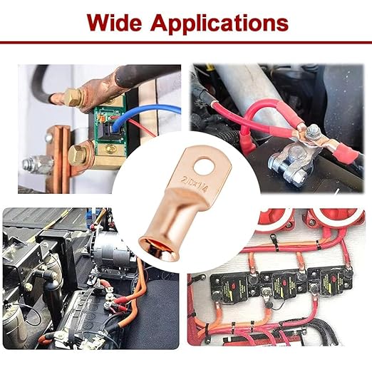 10Pcs 2/0 AWG 1/4" Stud Heavy Duty Copper Wire Lugs 2/0 Gauge Copper Ring Terminals Battery Cable Ends Bare Copper Eyelets Tubular Ring Terminal for Car Boat Marine