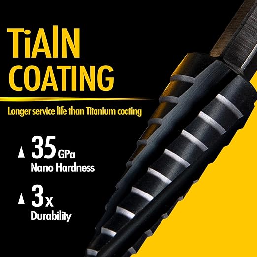 Four Spiral Flute Cobalt Step Drill Bit, 3/16'' - 7/8'' M35 TiAlN Coating Impact Ready Unibit Step Drill Bit, 1/4" Hex Shank Step Bit for Metal, Stainless Steel, Aluminum, Plastic