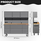 HAUTMEC 72" Rolling Tool Chest, Mobile Garage Workbench, Heavy-Duty Tool Cabinet on Wheels with 15 Drawers, 3 Upper Cabinets, Pegboard & 51 Hooks, Oak Work Surface & Power Strip – HT0428