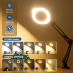 10X Magnifying Glass with Light and Clamp，Real Glass Lens 5 Color Modes Dimmable LED Lighted Magnifier with Swing Arm Hands Free Magnifying Desk Lamp for Crafts Sewing Painting Reading Close Work