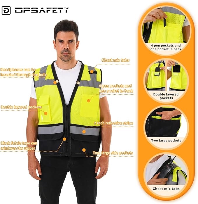 Reflective Safety vest With back plan pocket,High visibility Class 2 Heavy Duty Surveyor Vest with Zipper,Hi Vis Construction Work Vest for Men＆Women ANSI/ISEA(Yellow-Bottom,5XL)