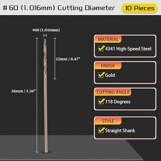Drill Bit, #60 Cutting Diameter, 4341 HSS Gold Finish 118° Cutting Angle Number Jobber Bits - (Applications: for Drilling Soft Metal Plastic Wood), 10-Pieces