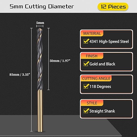 Drill Bit, 5mm Cutting Diameter, 4341 HSS Gold and Black 118° Cutting Angle Number Jobber Bits - (Applications: for Drilling Soft Metal Plastic Wood), 12-Pieces