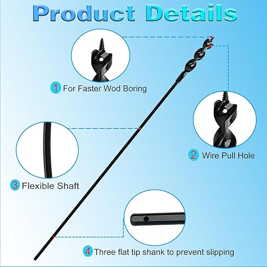 Flexible Installer Drill Bit for Pulling Wires Through Walls Ceilings and Sidewalks, 54-Inch Long, 3/4-Inch Auger with a Fish Eye Hole and Screw Point, 1/4" 3-Flat Anti-Slip Shank.