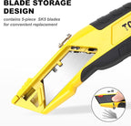 TOPLINE Heavy Duty Auto-Loading Utility Knife, Safety Box Cutter Knife for Quick Blade Change, Box Cutter Retractable with Blade Storage, 5-Piece SK5 Blades Included