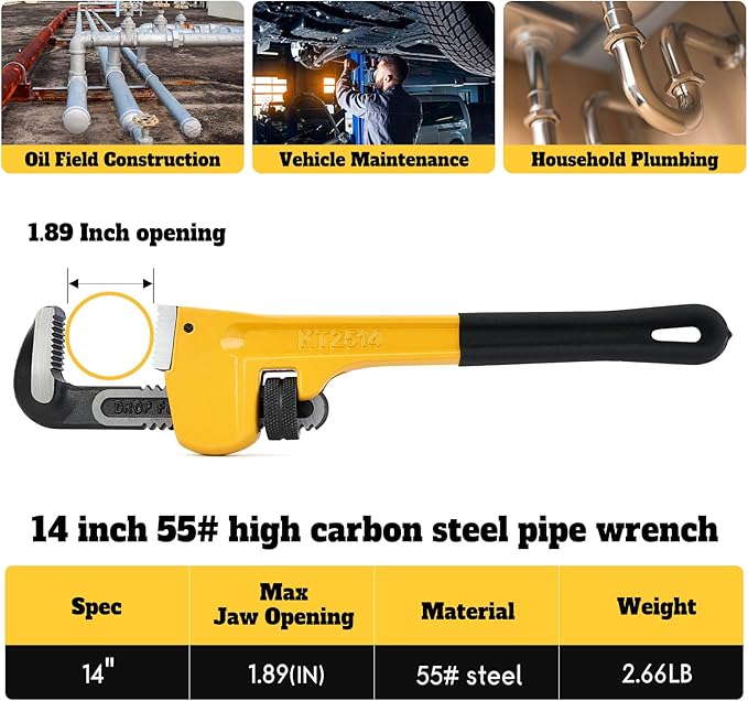 14 Inch Adjustable Pipe Wrench, Heavy Duty Carbon Steel with Heat Treated Serrated Jaw and Smooth Worm Gear, Ideal for Plumbing & Pipe Fitting