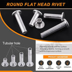 151Pcs 5 Sizes M6 Aluminum Flat Head Semi Tubular Rivets Assortment Kit with Punch, Partial Hole Tubular Rivets Round Flat Head Semi Tubular Rivet Silver Tone for Household Industry Repairing