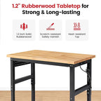 Work Bench for Garage Workbench with Pegboard Adjustable Height Work Table for Shop Woodworking, 48 x 20 Heavy Duty Rubber Wood Top for Office, Home, Commercial