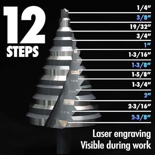 1/4 to 2-3/8 Inch HSS Step Drill Bit for Metal Sheet, 12 Sizes Extra Large Drill Stepper Bit for Sheet Aluminium, Plastic, Wood, Heavy Duty, Spiral Grooved