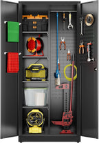Aobabo Metal Cleaning Tool Storage Cabinet with Lockable Door, 13 Hooks and Towel Racks, Broom Closet Storage Cabinet for Janitorial Supplies, 71.37" H×33.93" W×16.92" D, Assembly Required, Black