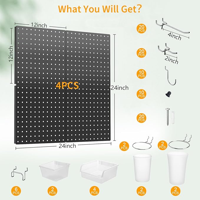 FZK Peg Board, 74PCS Metal Pegboard Wall Organizer Kit. Heavy Duty Pegboard, Peg Boards, Pegboard for Walls, Black Pegboard for Garage Craft Room Workbench Office Kitchen Tool Organization, 24 * 24