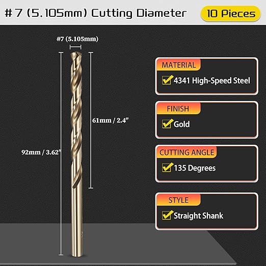 Drill Bit, #7 Cutting Diameter, 4341 HSS Gold Finish 135° Cutting Angle Number Jobber Bits - (Applications: for Drilling Soft Metal Plastic Wood), 10-Pieces