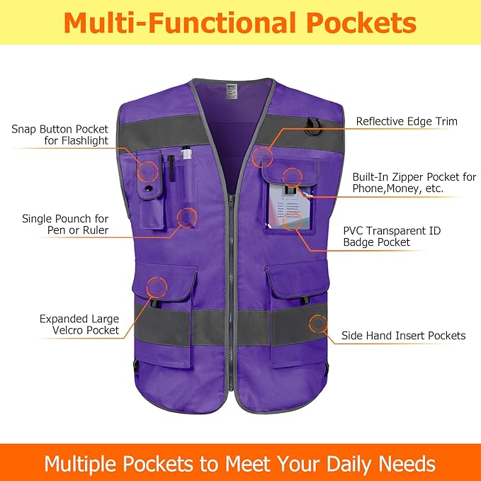 TCCFCCT Purple Safety Vest for Men Women 9 Pockets High Visibility Reflective Vest for Safety, Work Vest with Reflective Strips, Meets ANSI/ISEA Standards, Large