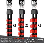 Socket Organizer Drive ABS Tools - Red Socket Holder, Premium Quality 9 Pieces Socket Holders Kit 1/4-Inch x 48 Clips, 3/8-Inch x 45 Clips, 1/2-Inch x 36 Clips