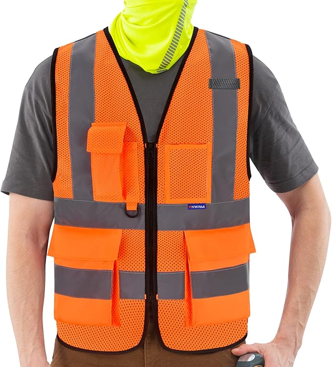 A-SAFETY High Visibility Mesh Safety Reflective Vest with Pockets and Zipper,Hi Vis Viz Reflective Safety Vest(Orange Mesh S)