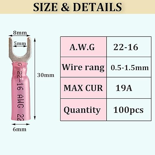 100pcs Red 22-16 AWG Marine Grade Heat Shrink Fork Connectors,＃10 Tinned Copper Heat Shrink Fork Terminals, Insulated Electrical Spade Crimp Fork Wire Connectors
