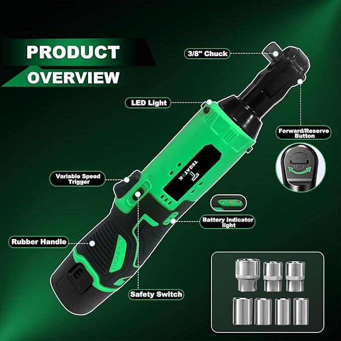 Cordless Electric Ratchet Wrench Set, 40FT-LBS (45N.m) 3/8" Electric Ratchet, 12V Cordless Ratchet Wrench, 2 x 2.0Ah Batteries Impact for Car Home