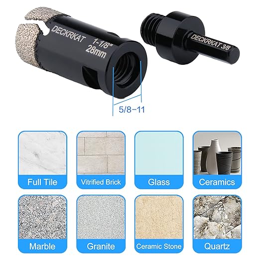 Diamond Hole Saw, 1-1/8" Hole Saw for Tiles Granite Marble Ceramic Glass Porcelain, 28mm Core Drill Bit with 5/8-11 Thread and 3/8” Hex Shank Adapter for Angle Grinders & Drills