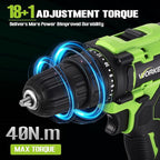 WORKBLESS 21V Power Drill Set, Cordless Drill with Battery and Charger, 3/8'' Keyless Chuck, Variable Speed, 18+1 Torque Setting and 28pcs Drilling/Driver Bits Tool Set(Green)