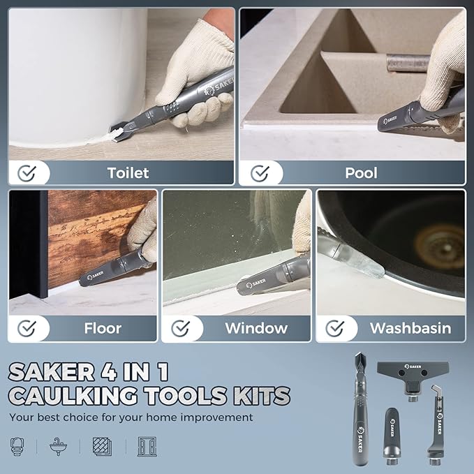 Saker 4 in 1 Caulking Tool Kit-Aluminum Sealant Finishing Tool Grout Remove Scraper Caulk Remover Glass Glue Angle Scraper for Bathroom,Kitchen,Floor,Window,Sink Joint,Frames Seal