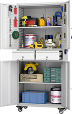 71" H Metal Garage Storage Cabinet with Wheels and Doors,Rolling Tool Cabinet with Pegboard and 2 Lockable Drawer for Garage Warehouse Home,Required Assembly,Grey and White