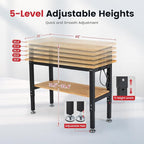 48 Inch Work Table for Garage Adjustable Height Rubber Wood Tabletop Workbench with Storage Work Bench Table with Power Outlets Pegboard Pad for Woodworking Shop Home Office